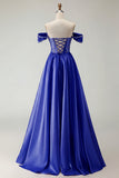 Off The Shoulder Beaded A Line Purple Corset Long Prom Dress with Slit