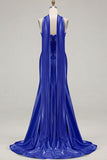Blue Mermaid Corset Sweetheart Convertible Long Satin Prom Dress with Streamer