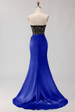 Strapless Mermaid Green Appliqued Lace Long Prom Dress with Slit