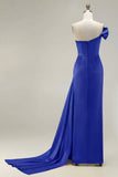 Green One Shoulder Ruched Sheath Long Prom Dress with Slit