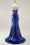 Metallic Dark Golden Mermaid Strapless Cut Out Long Prom Dress with Slit