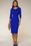Cowl Neck Navy Bodycon 3/4 Sleeves Midi Work Dress