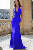 Navy Halter Mermaid Ruched Satin Long Formal Dress