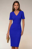 Bodycon Navy V-Neck Short Sleeves Midi Work Dress with Slit