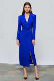 Red Peak Lapel Sheath Long Sleeve Work Dress with Slit
