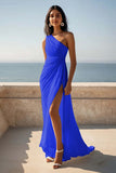 One Shoulder Ruched Ivory Maxi Sheath Beach Engagement Dress with Slit