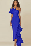 One Shoulder Sheath White Graduation Dress with Ruffles