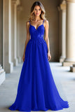 A Line Dark Blue Spaghetti Straps Sweetheart Long Prom Dress