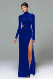 Black Velvet High Neck Long Sleeves Formal Dress with Slit