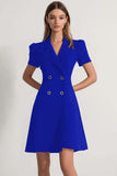Navy Peak Lapel Double Breasted Satin Short Work Dress