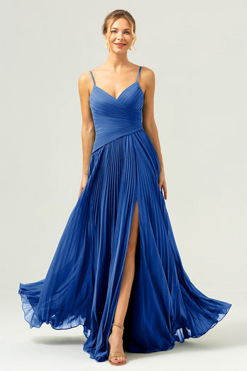 A-Line Spaghetti Straps Pleated Chiffon Eucalyptus Bridesmaid Dress with Slit