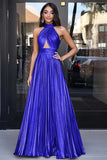 Gold Halter Neck A-Line Metallic Cut-Out Pleated Long Prom Dress