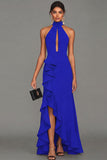 Black Halter Neck Sheath Ruffled Cut Out Long Evening Dress with Slit