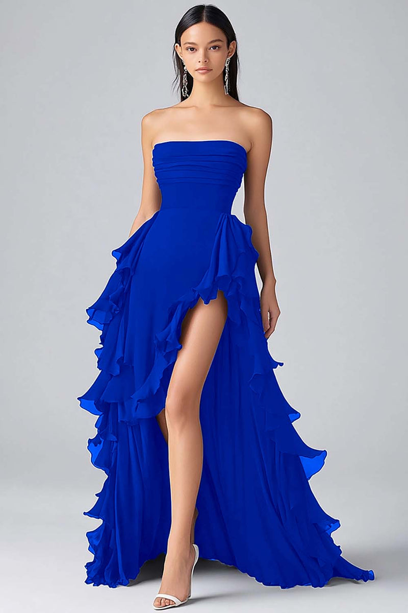 Load image into Gallery viewer, Black A Line Ruffles Chiffon Tiered Strapless Formal Dress with Slit