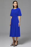 A Line Navy Ruched Round Neck Midi Work Dress