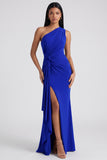 Burgundy One Shoulder Mermaid Ruched Evening Dress with Slit