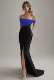 Matte Satin Sheath Off the Shoulder Black Tie Dress