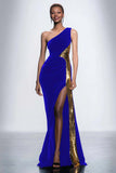 Black One Shoulder Sheath Velvet Long Formal Dress with Sequins