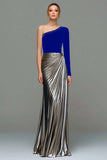 Black and Grey A-Line One Shoulder Metallic Satin Formal Dress