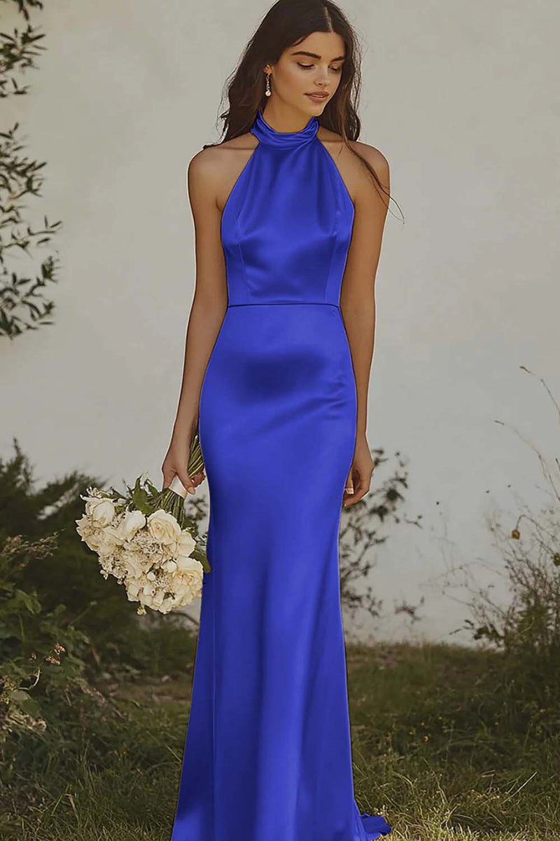 Load image into Gallery viewer, Light yellow Halter Mermaid Satin Bridesmaid Dress