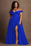 Plus Size Navy Off The Shoulder Satin Long Formal Dress with Slit