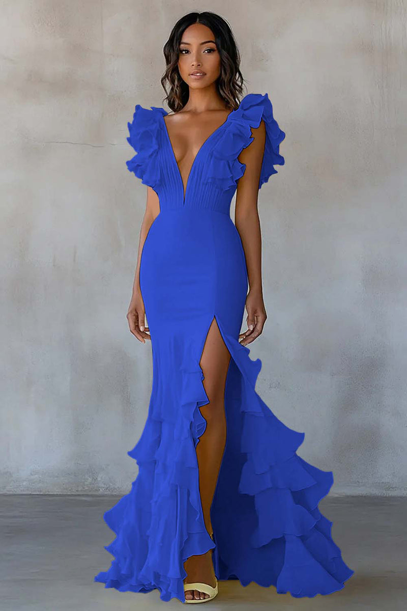 Load image into Gallery viewer, Yellow V-Neck Mermaid Ruffles Formal Dress with Slit