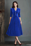 Velvet A Line V-Neck Burgundy Midi Christams Party Dress with Half Sleeves