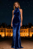 Purple Velvet Halter Sheath Long Evening Dress