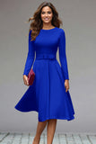 Lilac Round Neck A Line Midi Work Dress with Belt