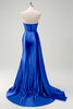 Load image into Gallery viewer, Navy Mermaid V-Neck Watteau Train Corset Beaded Prom Dress with Slit