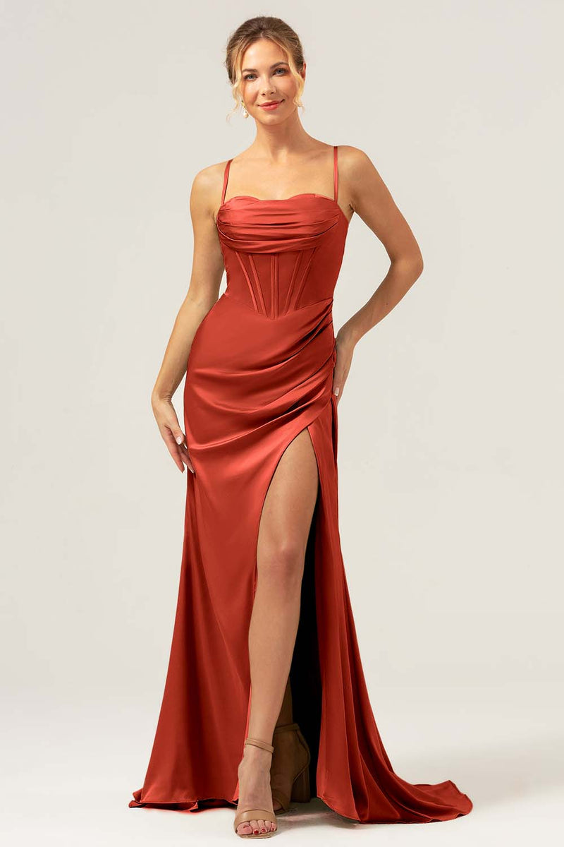 Load image into Gallery viewer, Martini Mermaid Spaghetti Straps Corset Satin Bridesmaid Dress with Slit