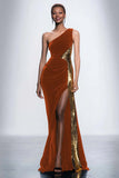 Black One Shoulder Sheath Velvet Long Formal Dress with Sequins