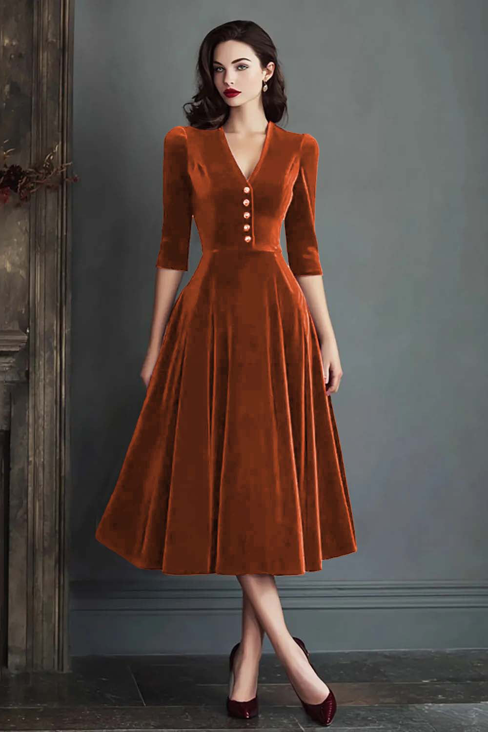 ZAPAKA Women Burgundy Work Dress Velvet A Line V-Neck Long Formal Dress with Half Sleeves ZAPAKA UK ZAPAKA Women Burgundy Work Dress Velvet A Line V-Neck Long Formal Dress with Half Sleeves ZAPAKA UK