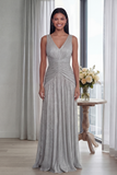 Dusty Rose A Line V Neck Pleated Long Evening Dress