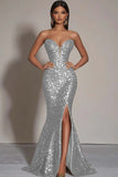 Sparkly Gold Sequins Strapless Mermaid Formal Dress with Slit