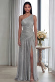 Golden Pleated A Line One Shoulder Long Evening Dress with Slit