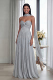 Strapless A Line Pleated Sky Blue Long Evening Dress with a Neck Scarf