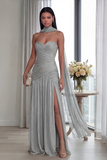 Strapless Dusty Sage Pleated A Line Streamer Long Evening Dress with Slit
