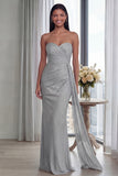 Back Strapless Sheath Ruched Long Evening Dress with Ribbon