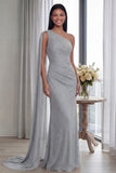 Navy One Shoulder Sheath Ruched Long Evening Dress with Side Cape