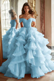 Black Princess Off The Shoulder Tiered Ruffled Long Prom Dress