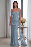 Back Strapless Sheath Ruched Long Evening Dress with Ribbon