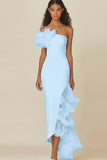 One Shoulder Sheath White Graduation Dress with Ruffles
