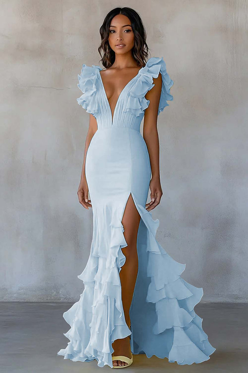 Load image into Gallery viewer, Yellow V-Neck Mermaid Ruffles Formal Dress with Slit