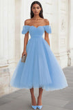 Yellow Off the Shoulder Tulle Pleated Long Prom Dress