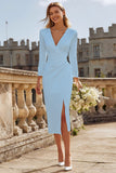 Ivory Bodycon Ruched V Neck Midi Engagement Dress with Slit