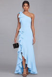 One Shoulder Black Sheath Long Evening Dress with Ruffle Slit