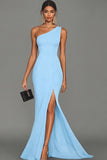 Mermaid Black One Shoulder Evening Dress with Slit