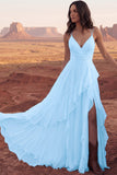 Ivory A Line Ruffled Spaghetti Straps Boho Wedding Dress with Slit