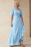 Dusty Sage A Line Ruched Mother of the Bride Dress with Short Sleeves